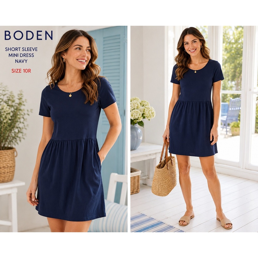 BODEN Women Navy Blue Short Sleeve Cotton Modal Mini Dress Scoop Neck 10R #1834